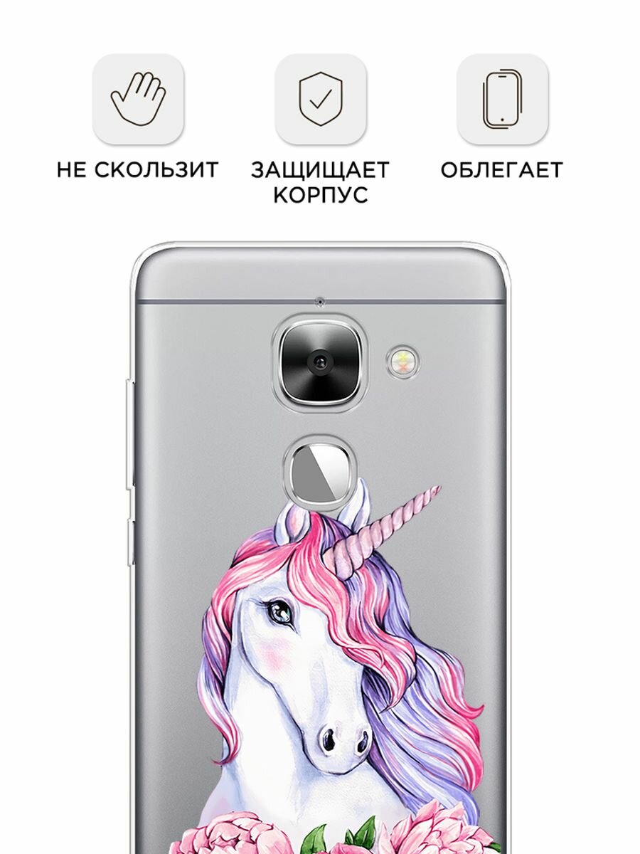 Чехол на LeEco Le 2/2 pro / Лееко Ле 2/2 про с принтом "Единорог с пионами", прозрачный — фото 1