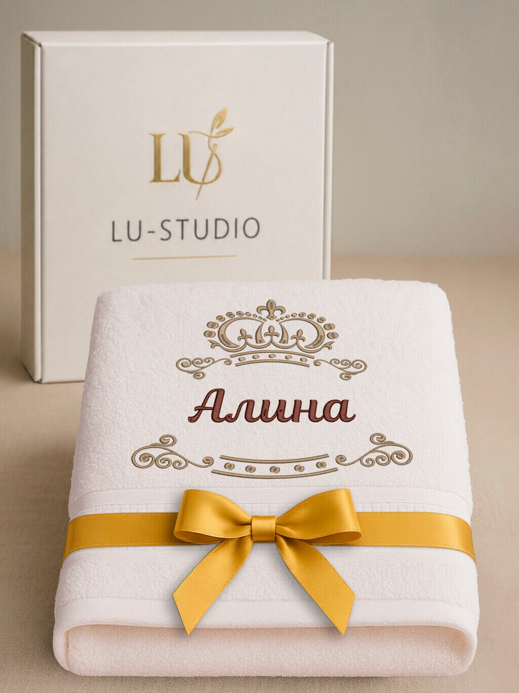 Полотенце Алина 70х140 подарок именная вышивка с короной, LU-Studio, белый, 460 г/м², 100% хлопок
