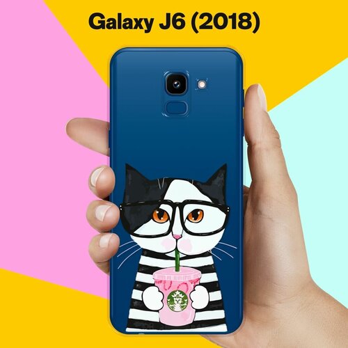 Силиконовый чехол Кот в очках на Samsung Galaxy J6 (2018) чехол книжка на samsung galaxy j4 2018 самсунг джей 4 2018 c принтом кот с разноцветными глазами золотистый