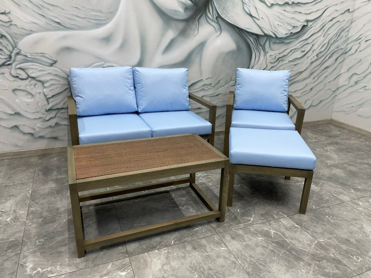 Комплект садовой мебели (диван, кресло, стол, пуфик), цвет: голубой 2.0 - фотография № 1
