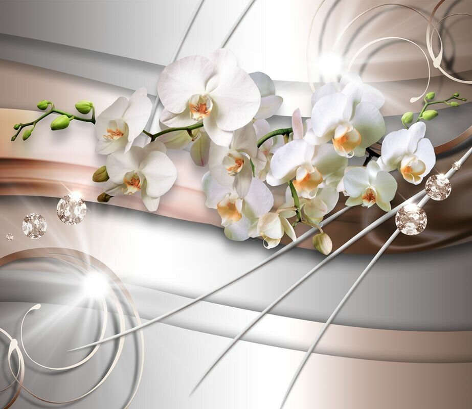 Моющиеся виниловые фотообои GrandPiK Белая орхидея и стразы 3D, 300х260 см