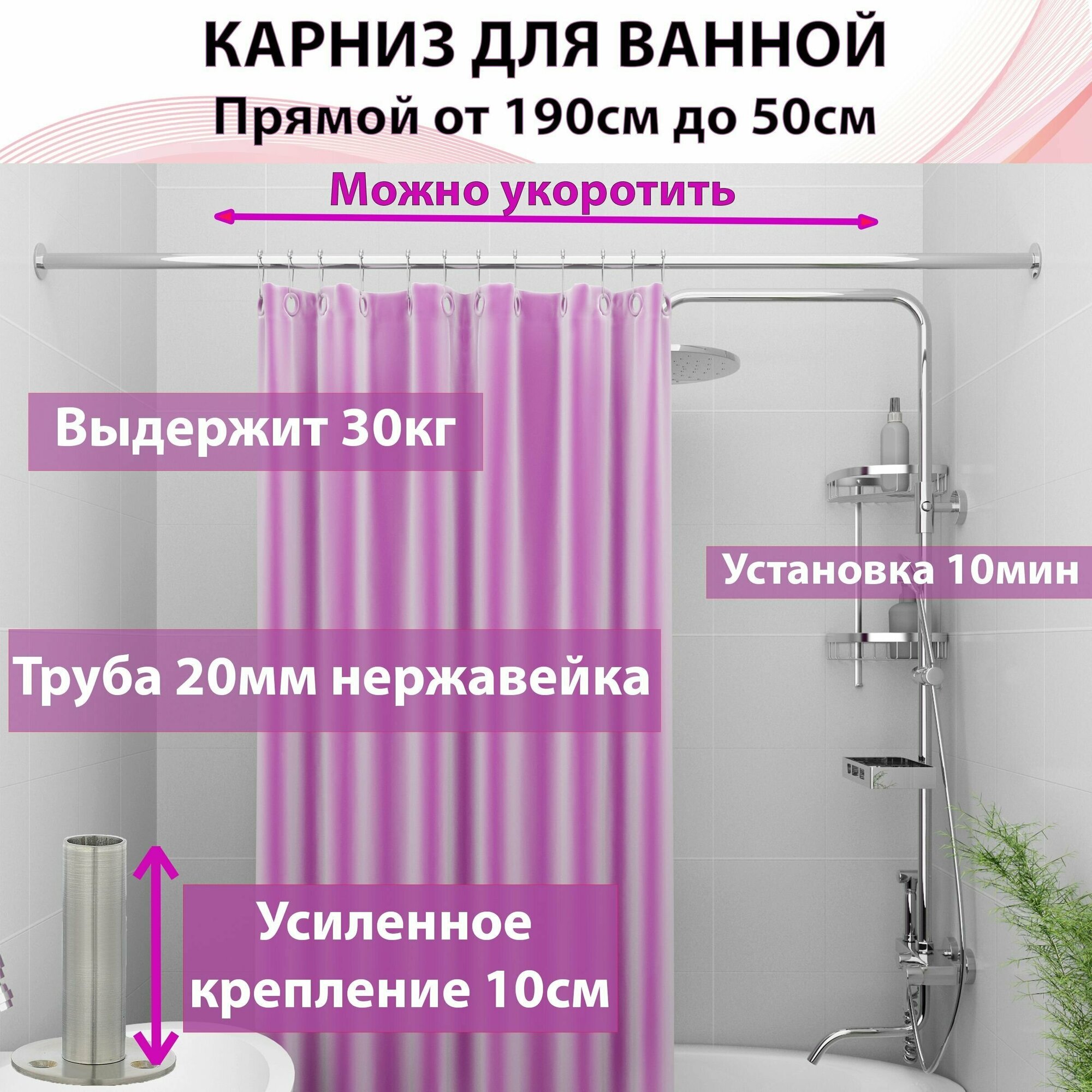 фото Карниз для ванны прямой Составной, Любой размер от 190 см До 60см Укорачивается, из нержавеющей стали