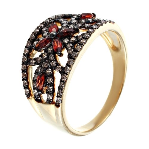 фото Jv кольцо из золота 585 пробы с гранатами выращенными и бриллиантами mr82185-br-rgt-yg-dn-grb-yg, размер 18