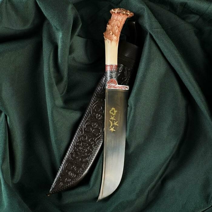 Шафран Нож Пчак Шархон "Рог косули" - пластик, сухма, витая рукоять, гарда олово, гравировка, 15 см