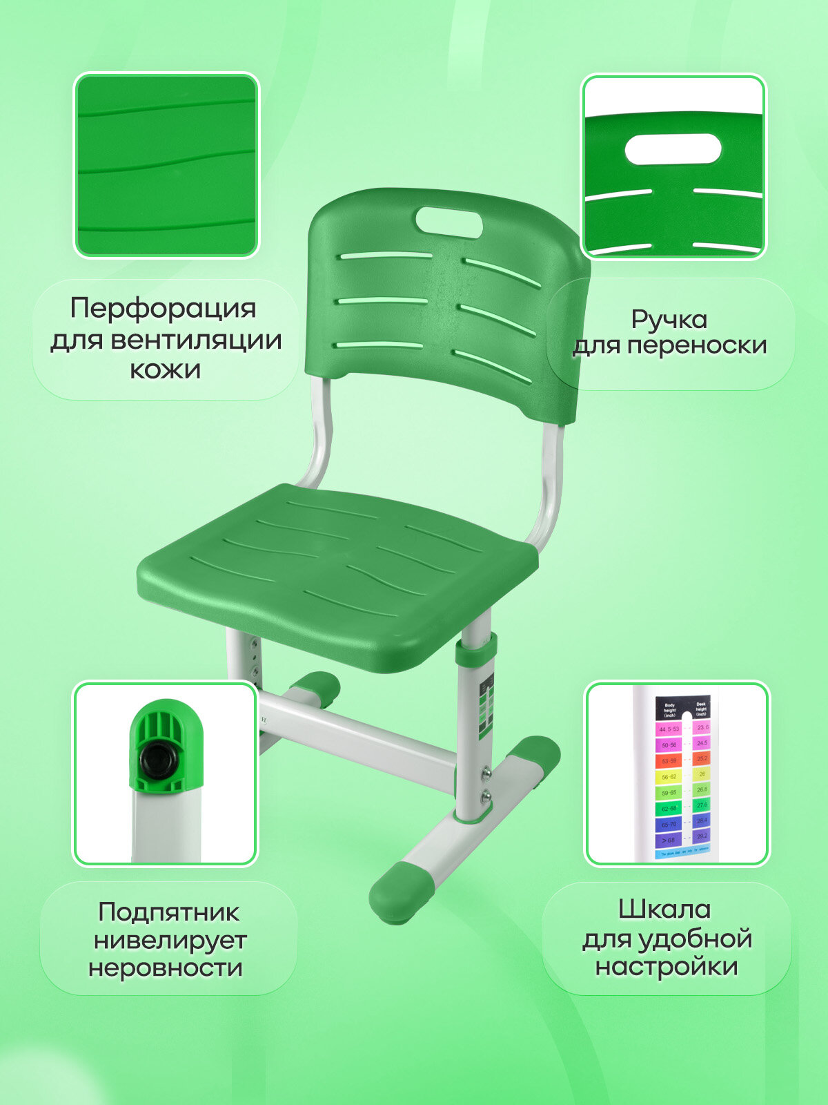Эргономичный комплект парта и стул Kinderzen Arlekino с аксессуарами белый/зеленый - фотография № 3