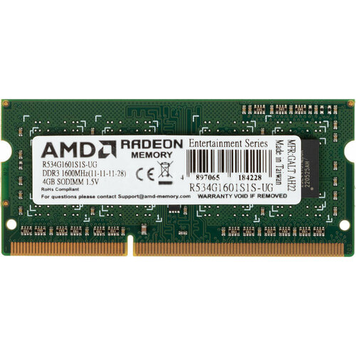 Оперативная память 4Gb DDR-III 1600MHz AMD SO-DIMM (R534G1601S1S-UG) 4 Гб, DDR3, 12800 Мб/с, CL11-11-11-28, 1.5 В