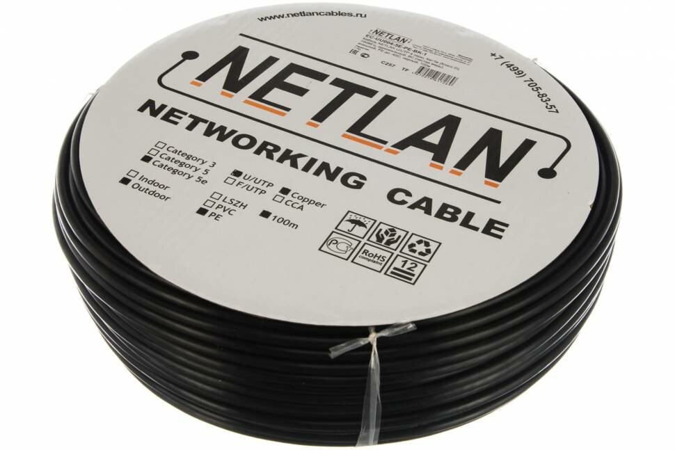 Кабель NETLAN U/UTP 4 пары, категория 5e, внешний, PE до -40C, черный, 100м EC-UU004-5E-PE-BK-1