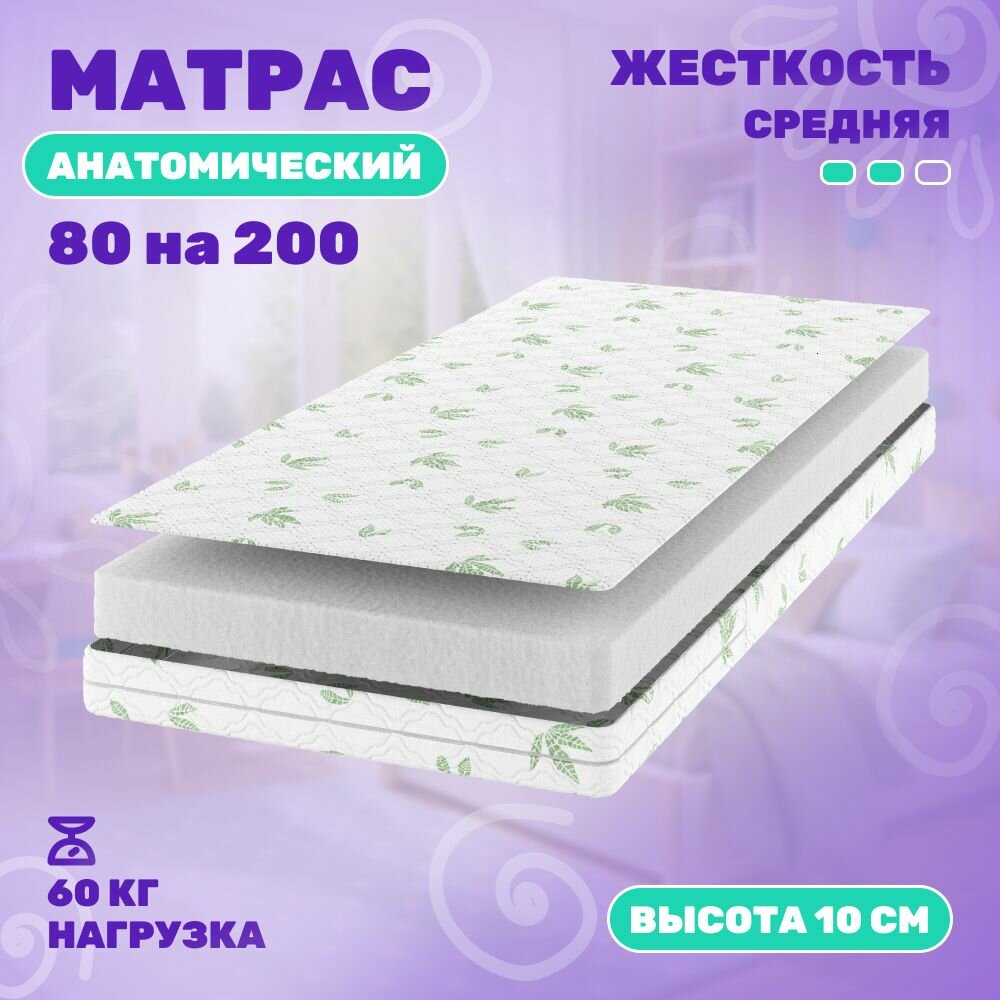 Детский матрас Капризун "Джангл", беспружинный, съемный жаккардовый чехол, 200х80х10 см