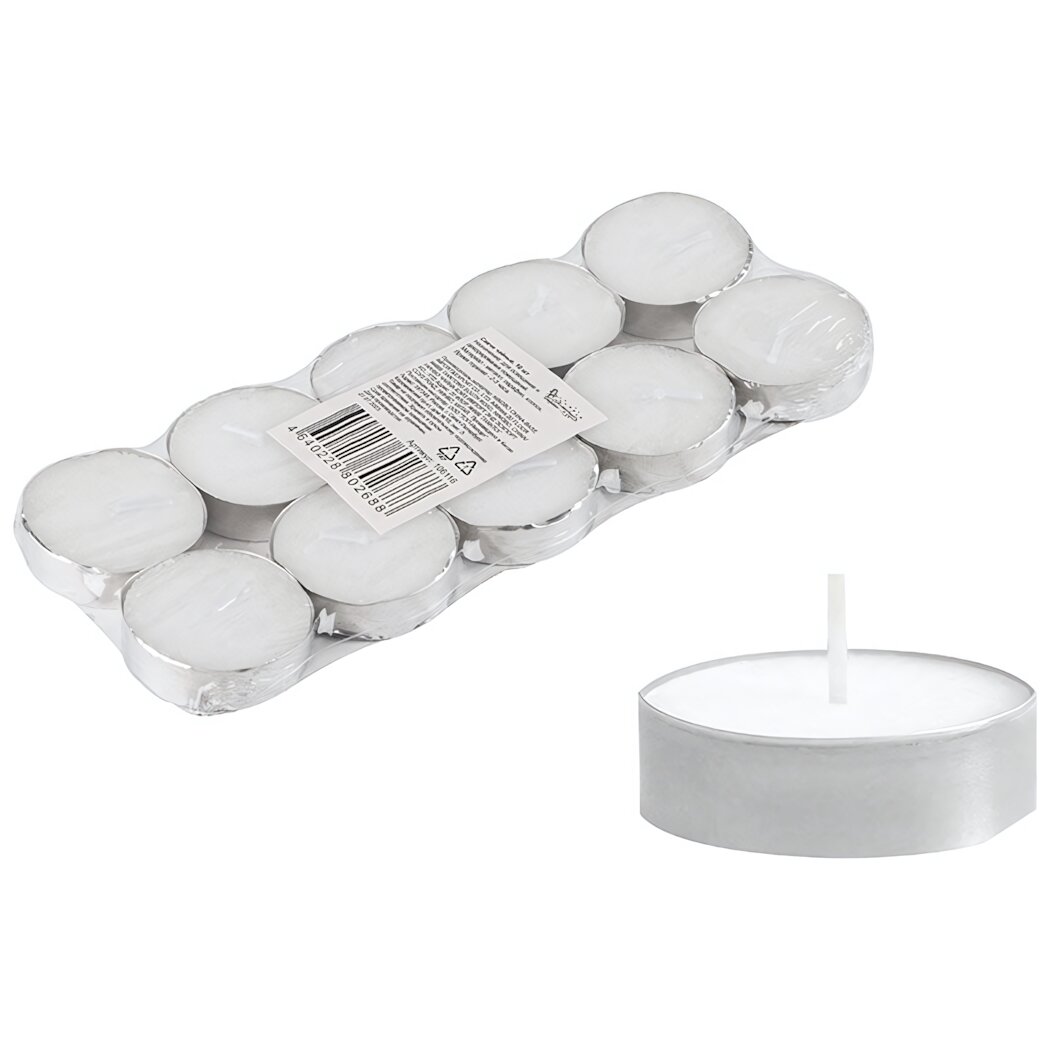 Свечи чайные 10шт, белые, парафин, стандартные, для одежды и декора