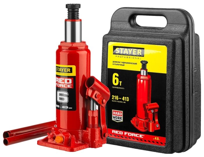 STAYER RED FORCE, 6т, 216-413 мм, Бутылочный гидравлический домкрат в кейсе (43160-6-K)