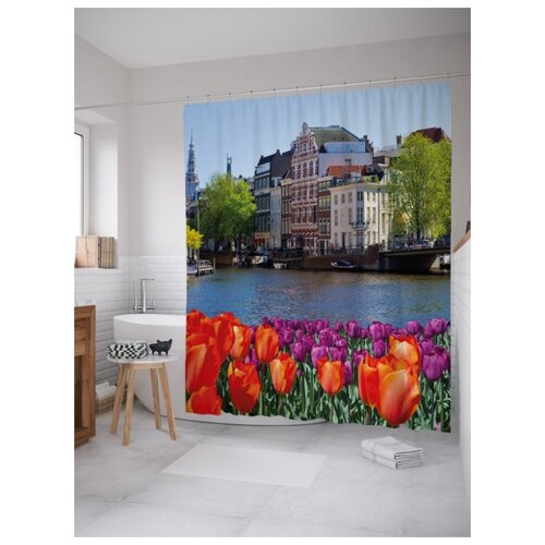 фото Штора для ванной joyarty городской пейзаж с тюльпанами 180х200 (sc-30777)