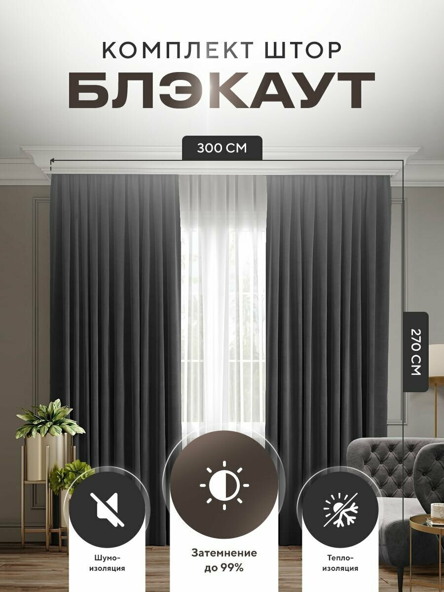 Комплект штор Блэкаут Blackout 270х300см (150*270см.- 2шт.) в комнату цвет Темно-серый - фотография № 1