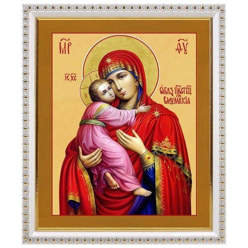 Владимирская икона Божией Матери (лик № 027), в белой пластиковой рамке 20*23,5 см