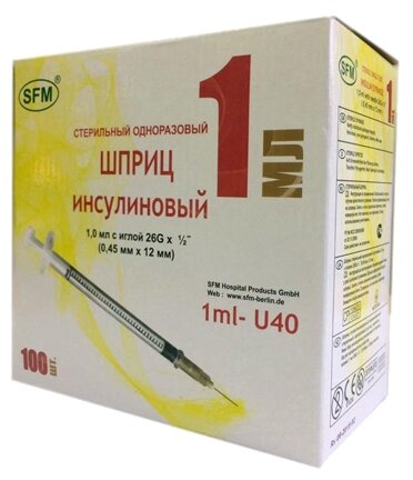 Шприц инсулиновый SFM, 1 мл, комплект 100 шт., в коробке, игла 0,45х12 - 26G, 534200