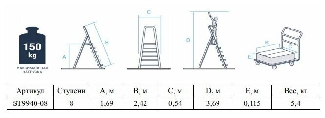 Лестница-стремянка алюм. 169 см 8 ступ. 5,4кг PRO STARTUL (ST9940-08) (Размеры профиля: Передний каркас 40х20х1, Задний каркас 30х20х1) - фотография № 2