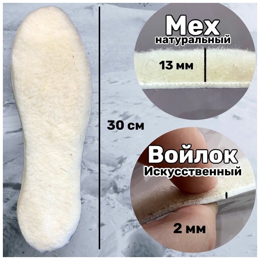 Непромокаемые Стельки для обуви мужские / женские / детские / Зимние меховые стельки теплые / натуральная овечья шерсть / универсальный размер