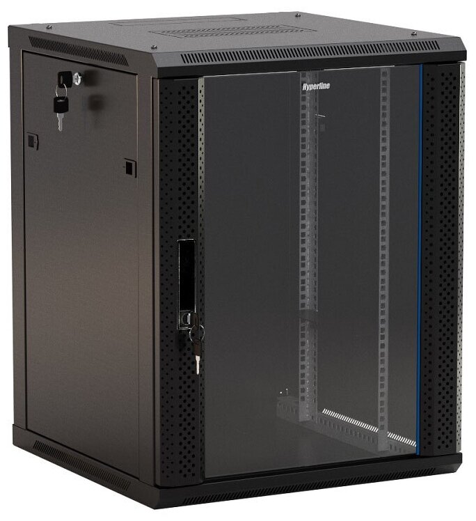 Шкаф коммутационный Hyperline (TWB-1845-GP-RAL9004) настенный 18U 600x450мм пер. дв. стекл 60кг черный 275м