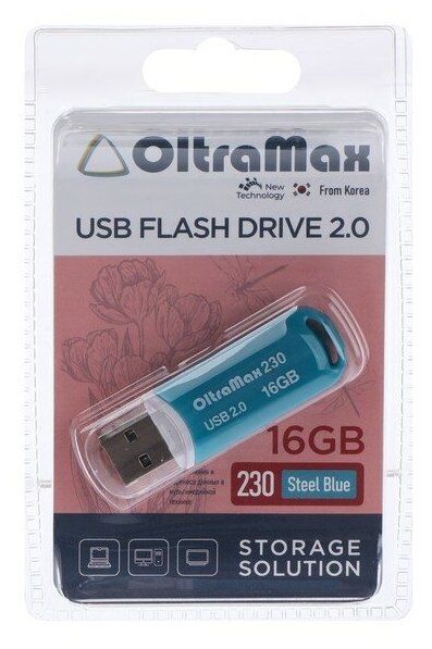 Флешка OltraMax 230, 16 Гб, USB2.0, чт до 15 Мб/с, зап до 8 Мб/с, синяя