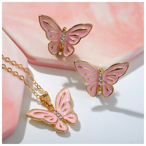 Комплект бижутерии, розовый кулон бабочки пара цвет белый в золоте 9240252