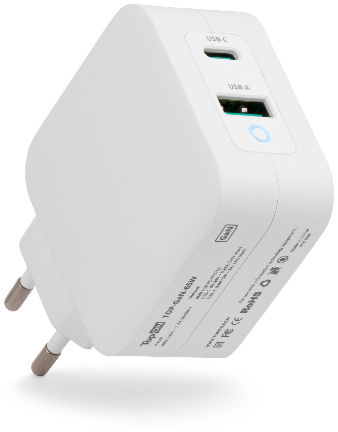 Блок питания (сетевой адаптер) TopON GaN 65W Type-C PD, PPS, USB QC белый