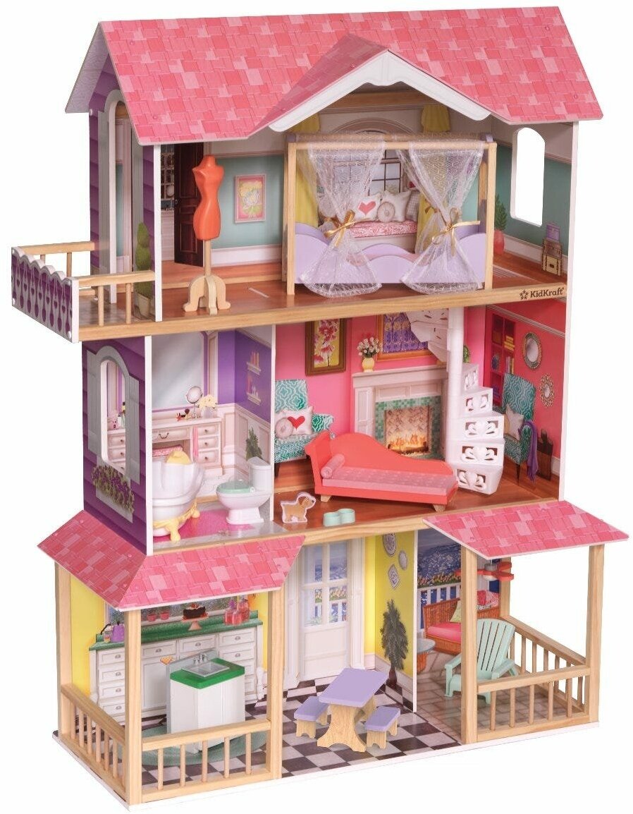 Деревянный кукольный домик "Вивиана", с мебелью 13 предметов в наборе, для кукол 30 см 10150_KE