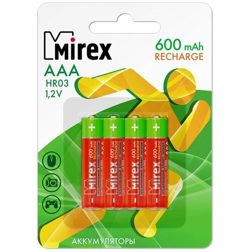 Аккумулятор Mirex, Ni-Mh, AAA, HR03-4BL, 1.2В, 600 мАч, блистер, 4 шт. аккумулятор mirex ni mh aaa hr03 4bl 1 2в 1000 мач блистер 4 шт