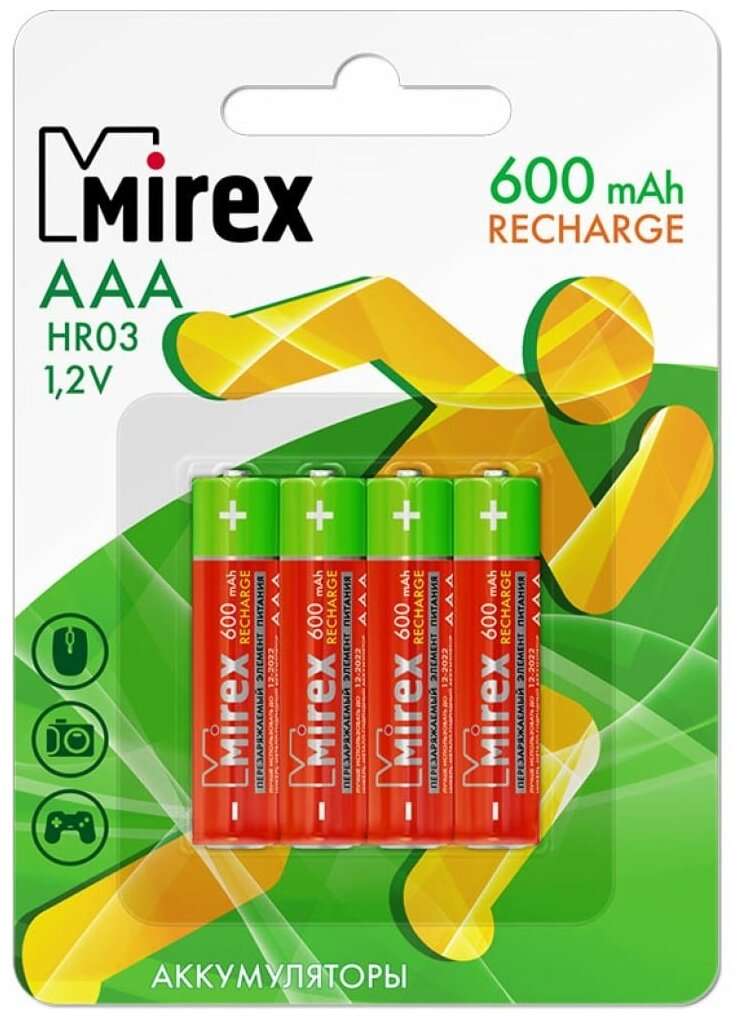 Аккумулятор Ni-MH, AAA/HR03, 600 мАч, 1,2 В, Mirex (23702-HR03-06-E4), упаковка 4 шт.