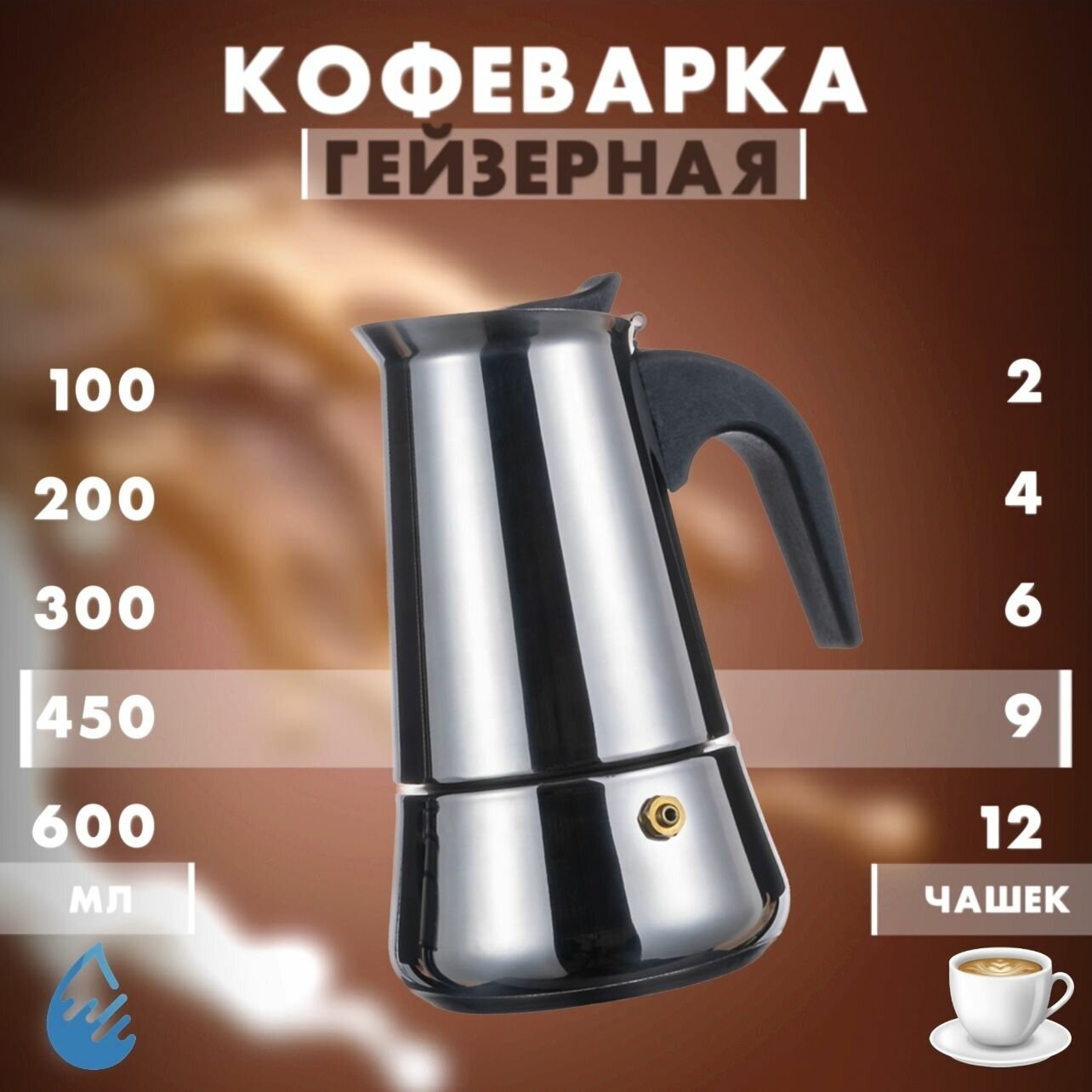 Кофеварка гейзерная для плиты/ESPRESSO MAKER/Турка для кухни 9 чашки 450 мл