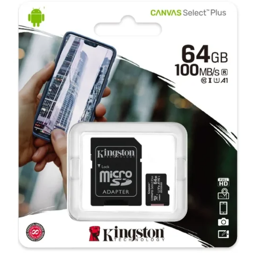 Карта памяти micro SDXC 64GB Kingston Class 10 UHS-I Canvas Select Plus A1 100MB/s с адаптером