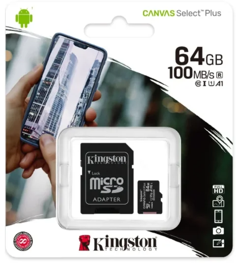 Карта памяти micro SDXC 64GB Kingston Class 10 UHS-I Canvas Select Plus A1 100MB/s с адаптером