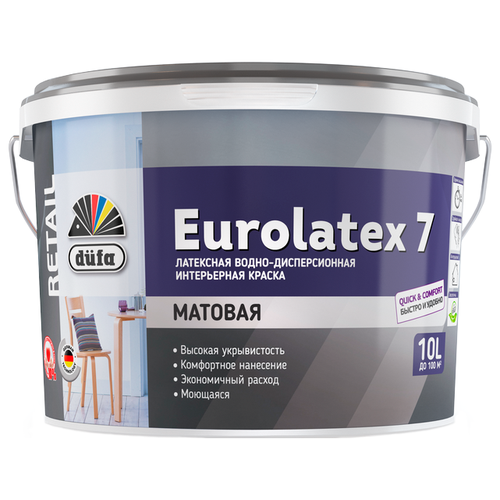 Краска латексная Dufa Retail Eurolatex 7 матовая белый 10 л 16 кг краска dufa eurolatex 7 латексная интерьерная 10л
