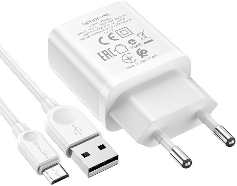 Сетевое зарядное устройство 1USB 2.1A в комплекте с дата-кабелем micro USB Borofone BA52A 1м White