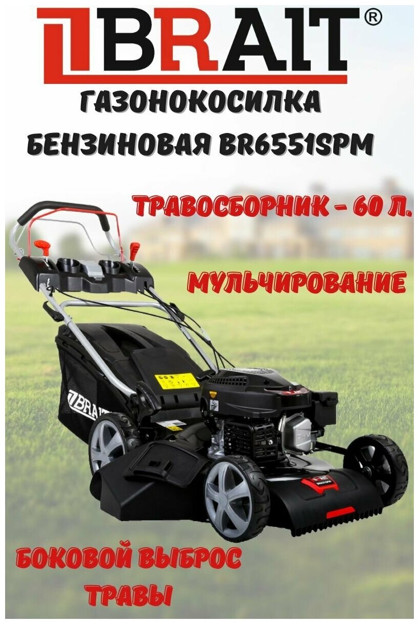 Газонокосилка бензиновая BR6551SРМ (6,5 л.с.) самоход, объем 60л, ширина скашивания 510, 8 ур. мульчирование - фотография № 2