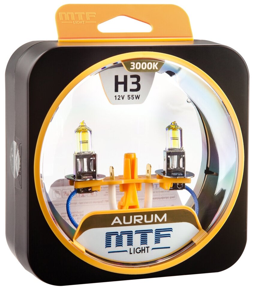 Комплект галогенных ламп MTF Light H3 Aurum 3000K, со специальным покрытием излучают золотисто-желтый свет. (2шт.)