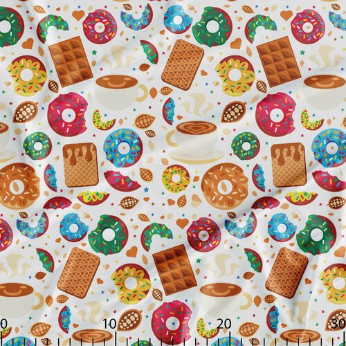 Ткань для шитья бифлекс с дизайнерским принтом Пончики и сладости, купон 100х150 см, плотность 235 г. м2