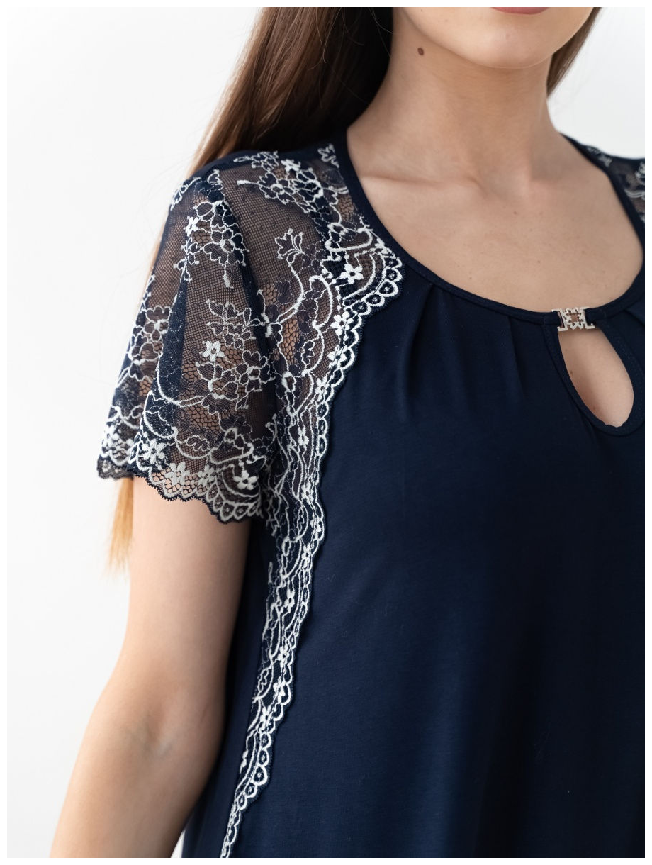Женская ночная сорочка с рукавом и кружевом Федора, большой размер 52, темно-синий цвет. Текстильный край. - фотография № 3