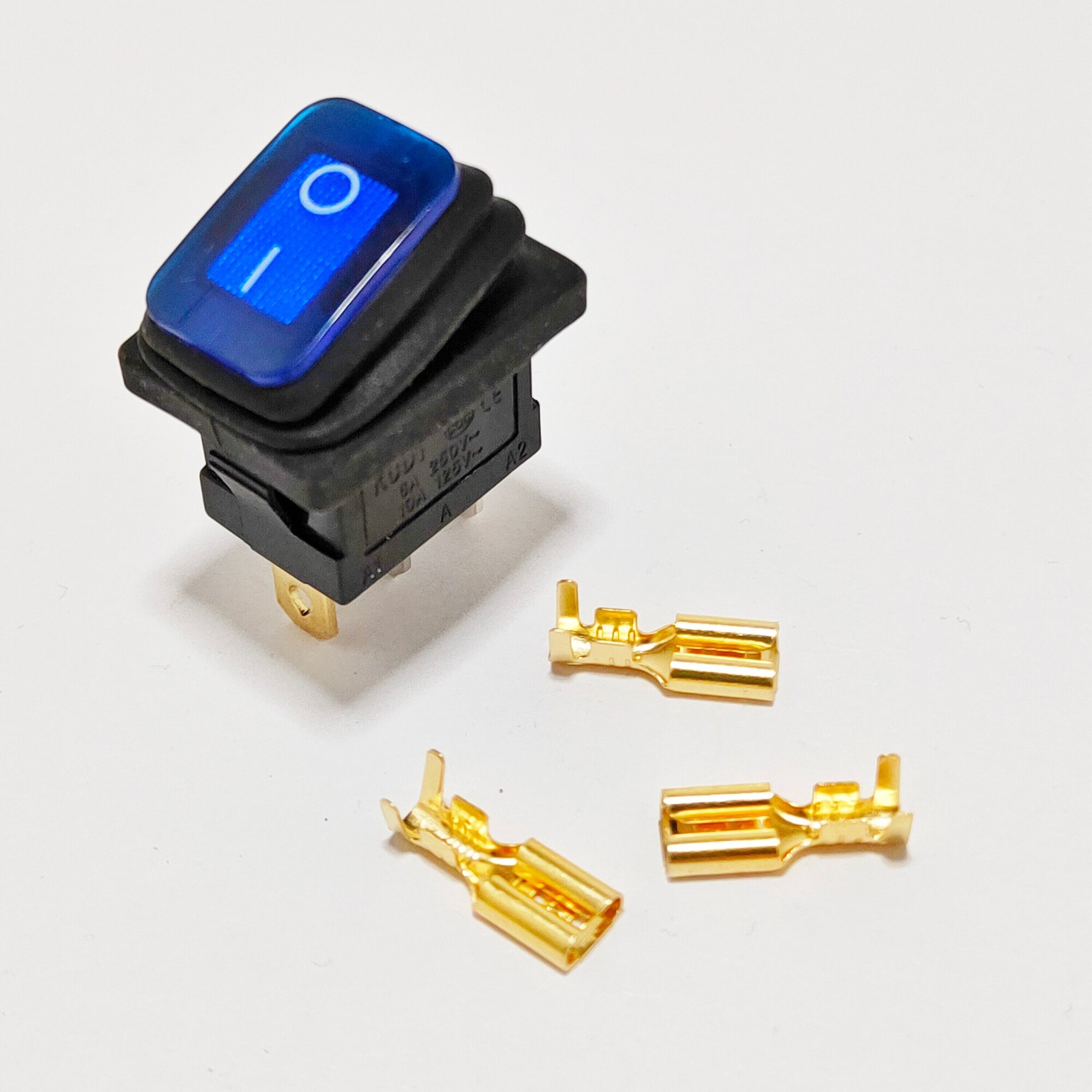 Выключатель клавишный мини влагозащита подсветка 250V 6А (3с) ON-OFF синий (комплект с клеммами и термоусадкой) - фотография № 2