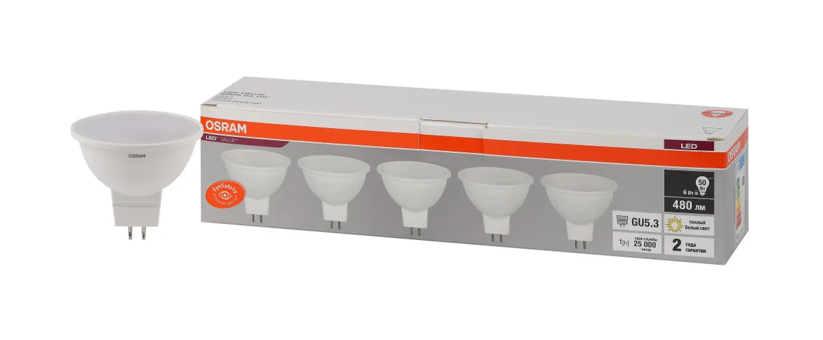 фото Светодиодные лампы OSRAM LED Value MR16, 480лм, 6Вт, 3000К, теплый свет, Цоколь GU5.3, колба MR16, матовые, 5 шт