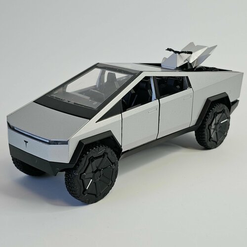 Машина игрушка металлическая инерционная Tesla Cybertruck Grey / Тесла с квадроциклом Серая 1:24