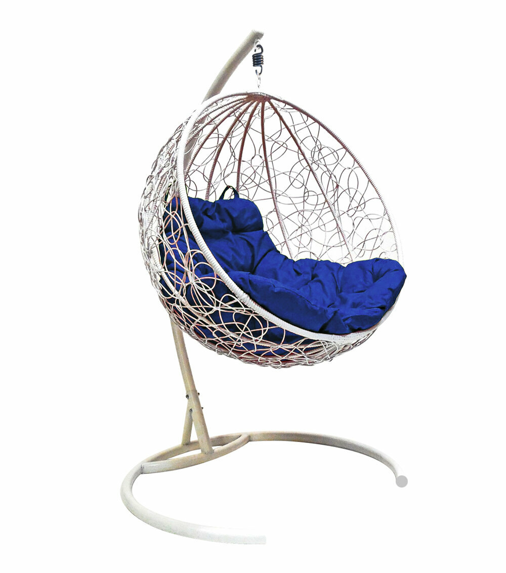 Подвесное кресло круг с ротангом белое, синяя подушка - фотография № 2