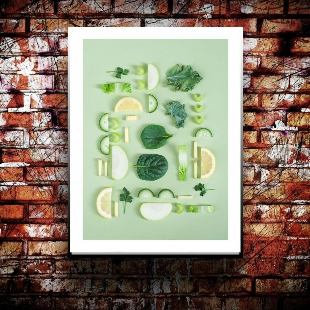 Постер "Разложенные фрукты и овощи" Cool Eshe из коллекции "Еда и кухня", плакат на стену А4 (29,7 х 21 см) для кафе, ресторана или бара