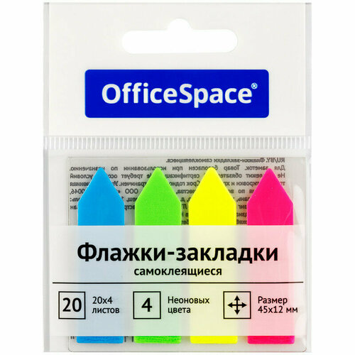 Флажки-закладки OfficeSpace, 45*12мм, стрелки, 20л*4 неоновых цвета, европодвес, 314710