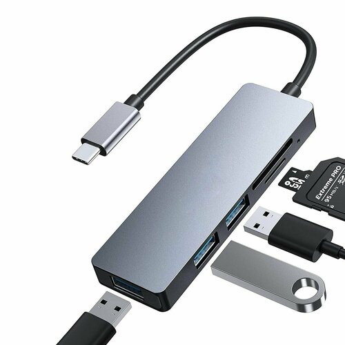 USB концентратор 5 в 1(хаб) type-c TF/SD cars + USB3.0*3 картридер переходник карты памяти