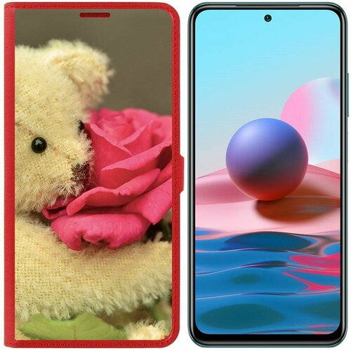 Чехол-книжка Krutoff Eco Book для Xiaomi Redmi Note 10 Медвежонок с розой (красный)