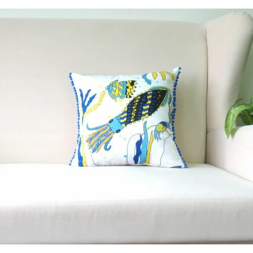 Подушка декоративная с помпонами Морская 40х40 твилл арт 1812