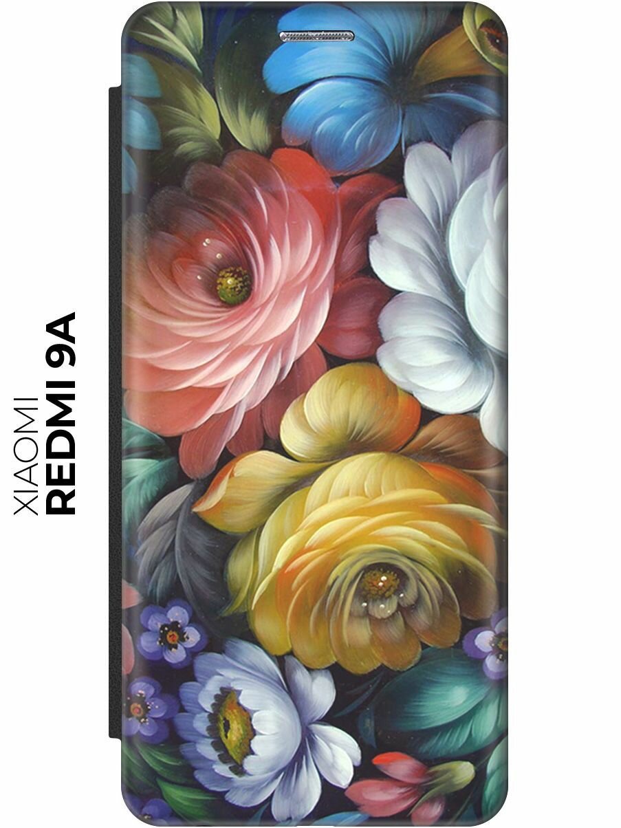 Чехол-книжка Цветочная роспись на Xiaomi Redmi 9A / Сяоми Редми 9А черный