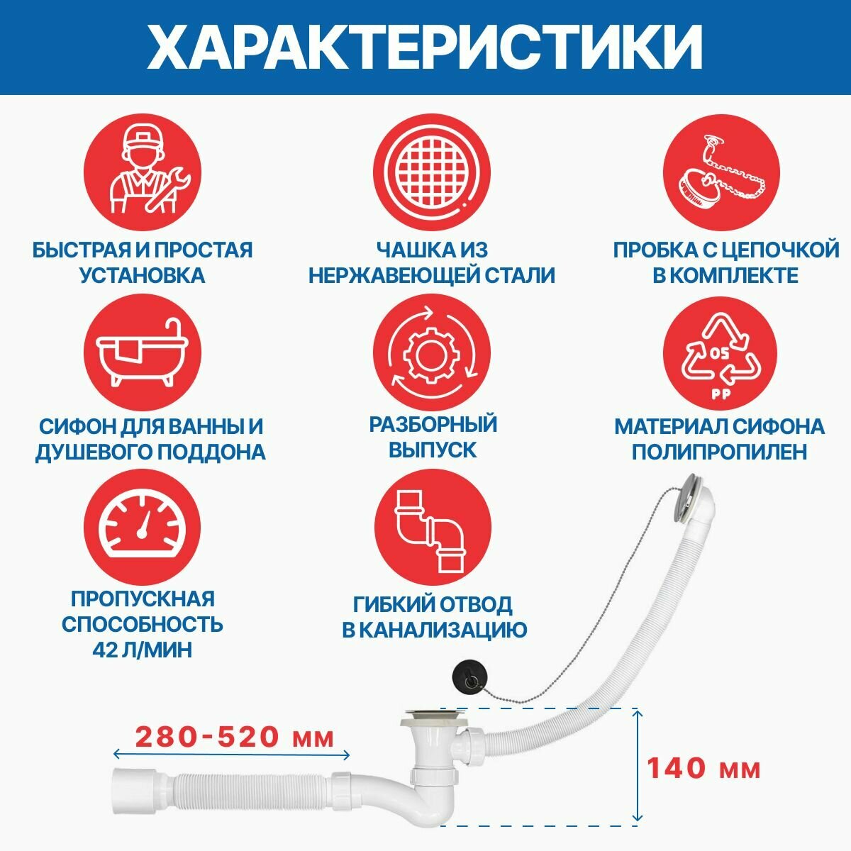 Сифон для ванны прямоточный 1.1/2" х 40 с гибкой трубой 40х40/50 - фотография № 3