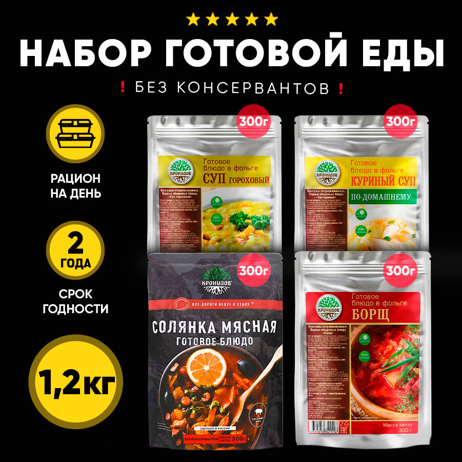 Набор из 4 готовых блюд в реторт-пакете "Кронидов" Суп гороховый/Куриный суп по-домашнему/Солянка/Борщ