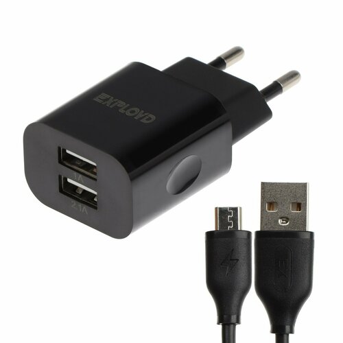 Сетевое зарядное устройство EX-Z-464, 2 USB, 3.1A, кабель microUSB, чёрное