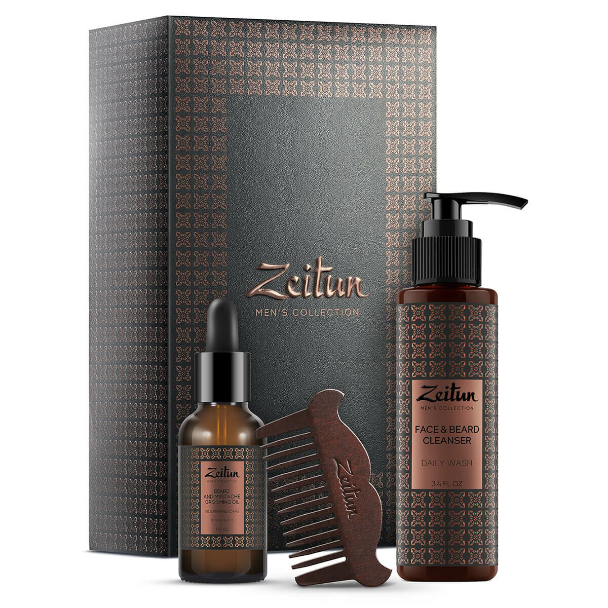 ZEITUN Подарочный набор для мужчин "Брутальный уход": масло для бороды, гель для умывания, гребень, ZEITUN